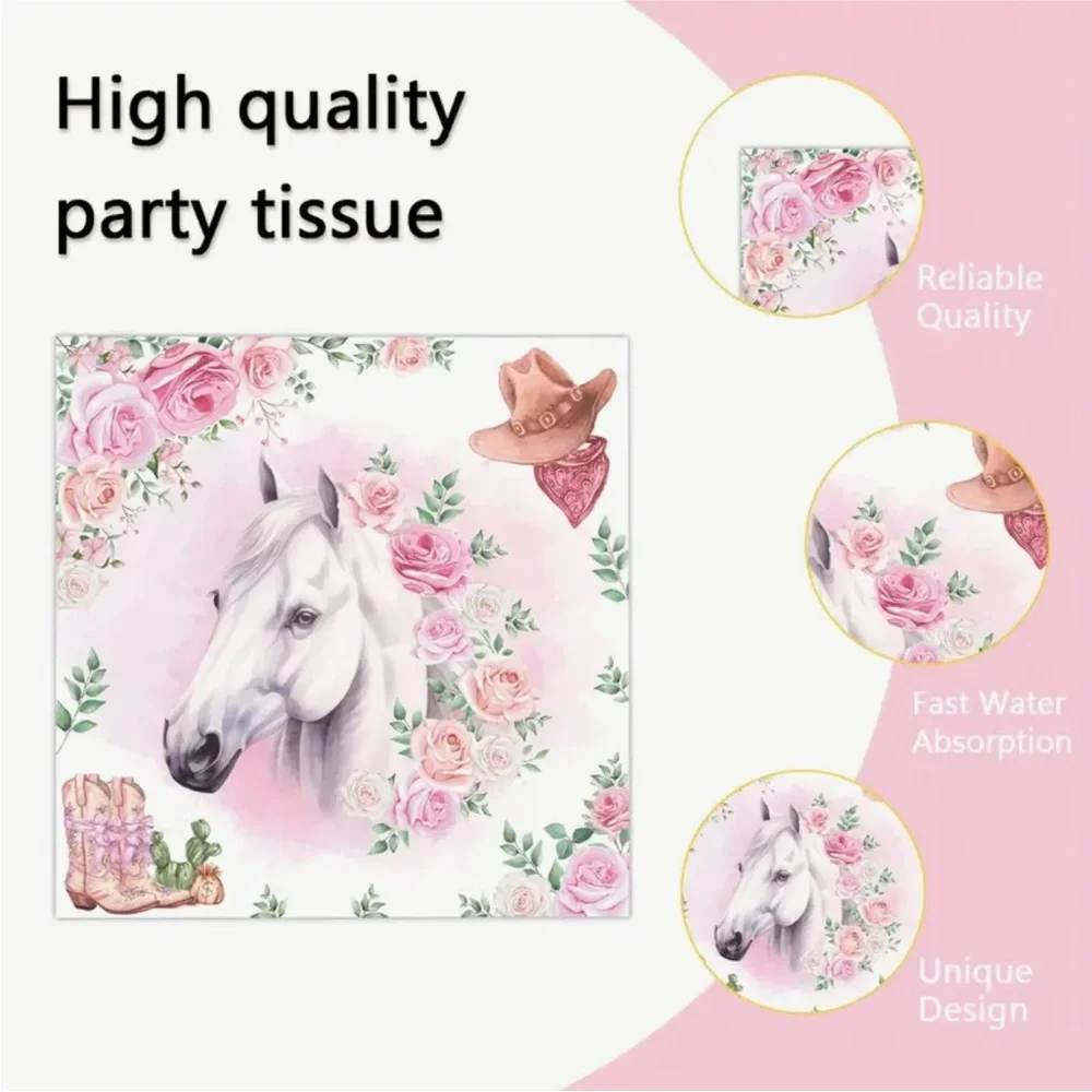 Pink Rose Cowgirl White Horse Luncheon Paper Party Napkins, 20-ct